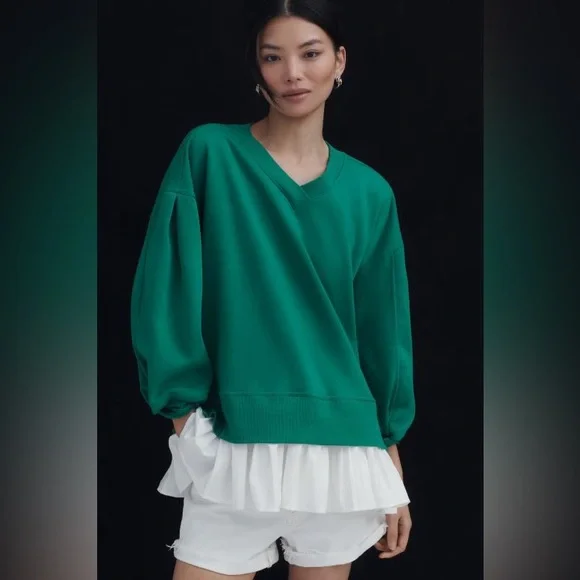 Maeve Long-Sleeve V-Neck Twofer Fleece Knit Pullover Kelly Green NWT Size XL - Picture 1 of 9